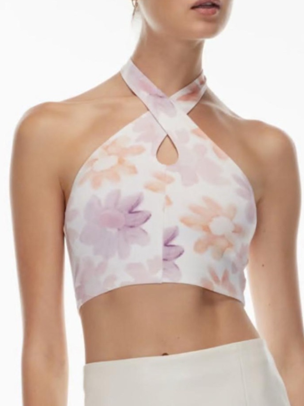36) Aritzia Sunday Best Pastel Floral Cross-Neck Halter Amie Crop Top